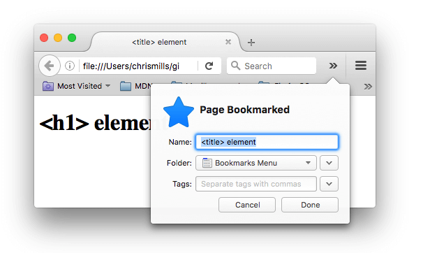 A webpage being bookmarked in Firefox. The bookmark name has been automatically filled in with the contents of the 'title' element