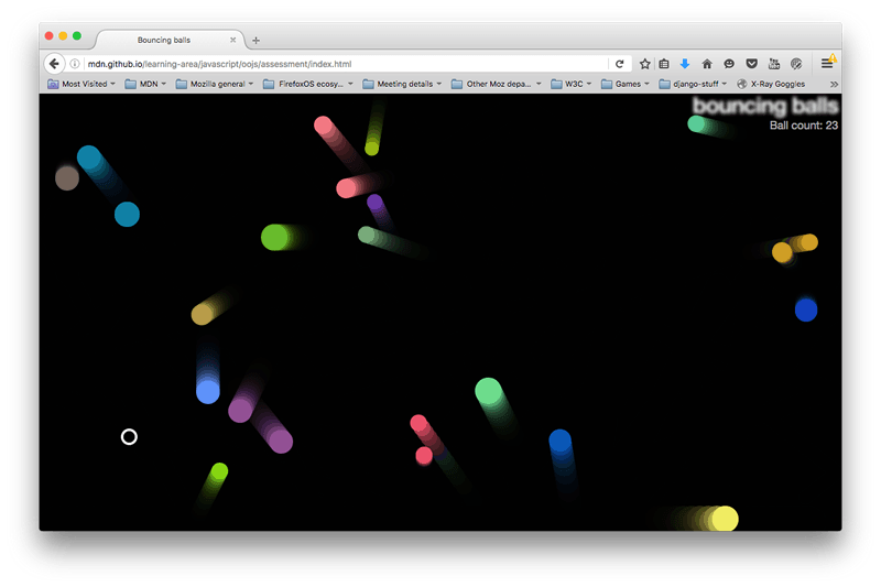 Screenshot of the bouncing balls demo page. A white-outlined circle is visible in addition to the colored balls, and the text "Ball count: 23" is visible under the heading.
