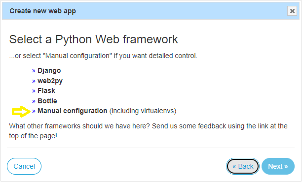 PythonAnywhere prompt for selecting web framework used for the application