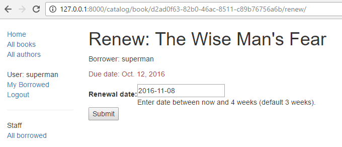 Default form which displays the book details, due date, renewal date and a submit button appears in case the link works successfully