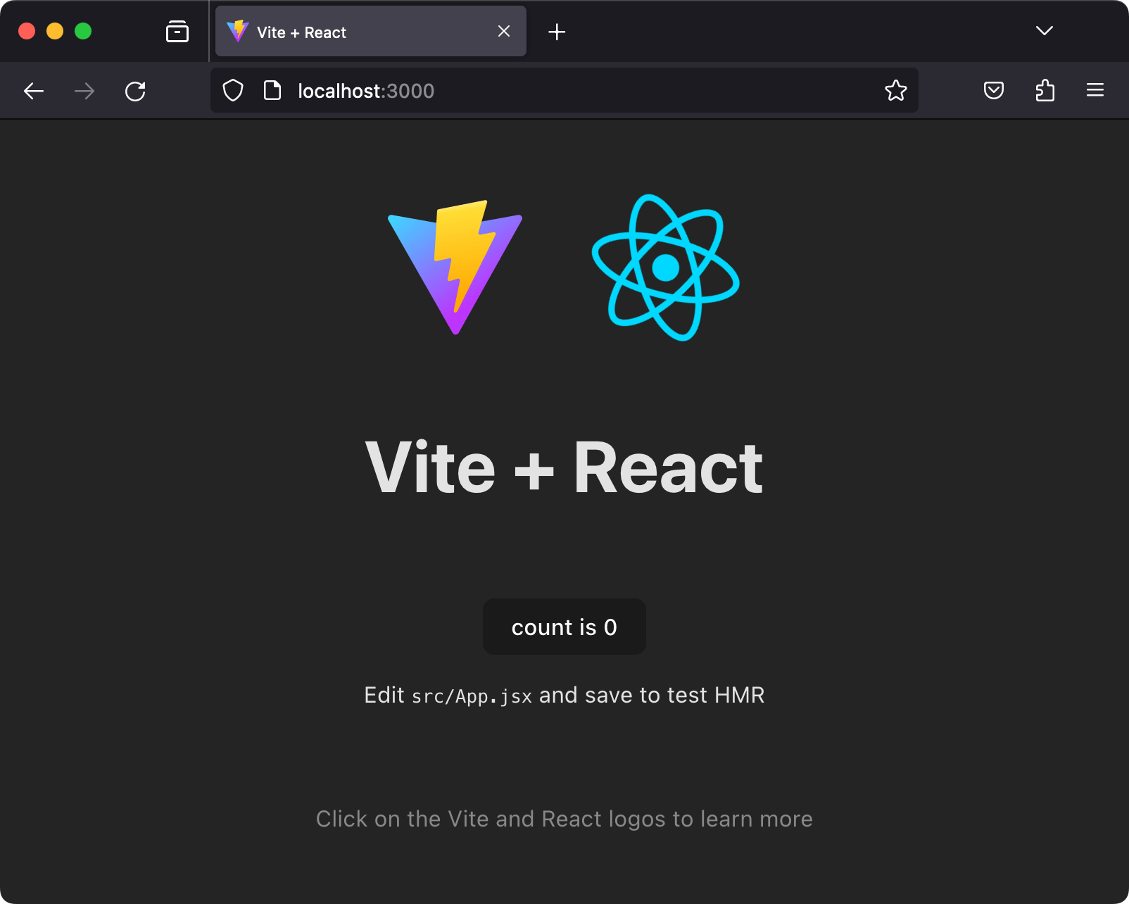 Screenshot of Firefox MacOS open to localhost:3000, showing an application made from Vite's React template