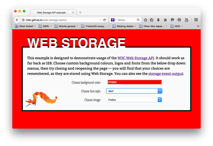 Web storage example with text box to choose the color by entering a hex value, and two dropdown menus to choose the font style, and decorative image.