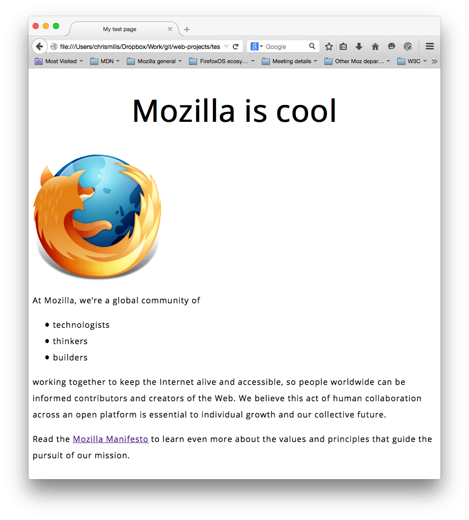 Un logo de Mozilla y algunos párrafos. se ha establecido una fuente sans-serif, se han ajustado los tamaños de las fuentes, la altura de las líneas y el espaciado de las letras, y se ha centrado el encabezamiento de la página principal.