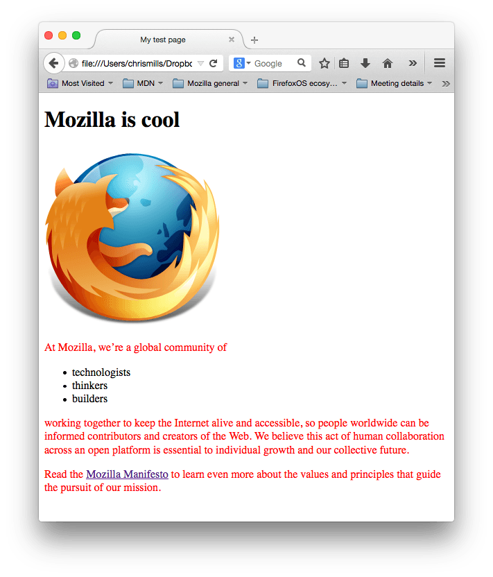 Un logo de Mozilla y algunos párrafos. El texto del párrafo ha sido estilizado en rojo por nuestro css.
