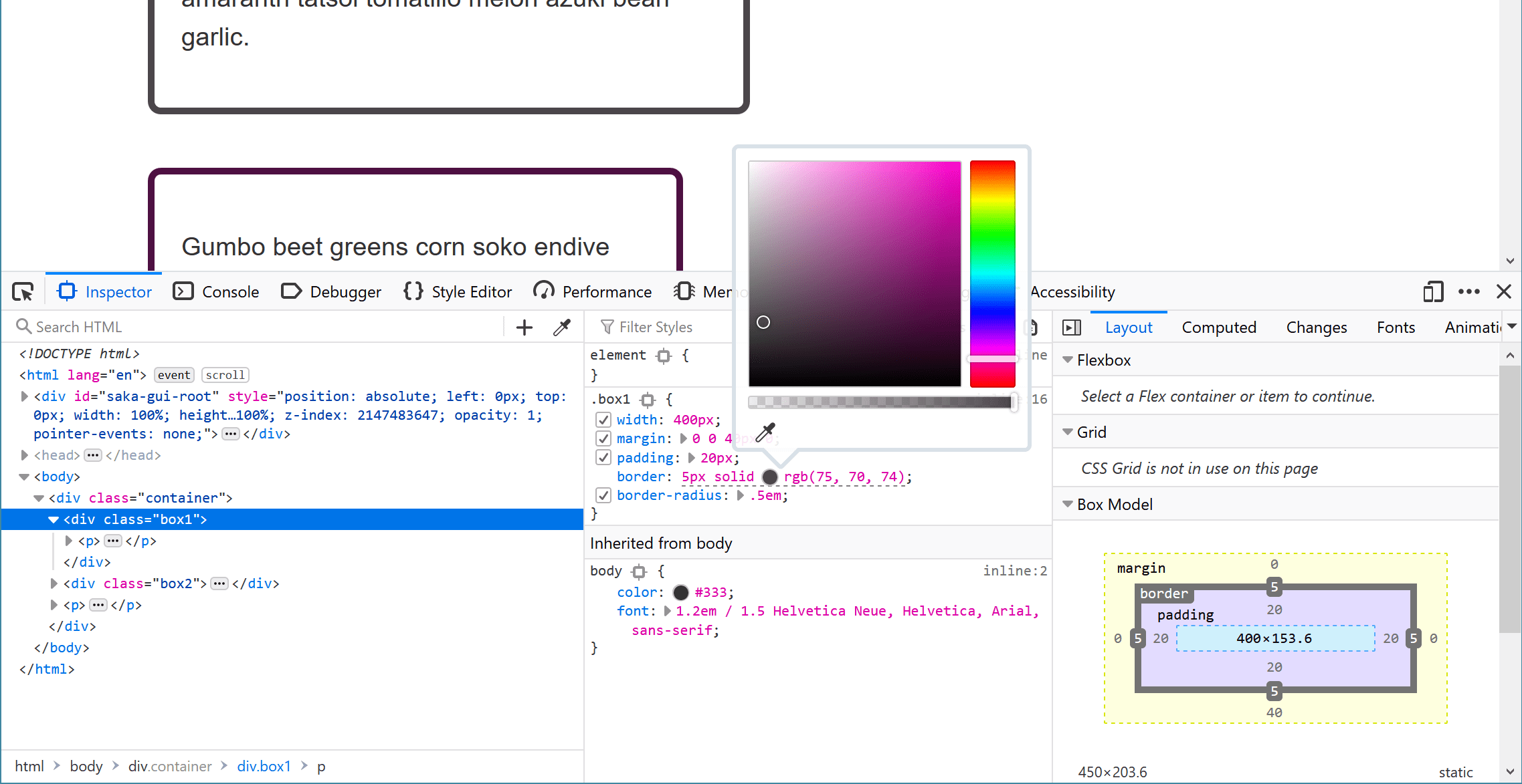 Le panneau des styles dans les outils de développement, avec un sélecteur de couleur ouvert.