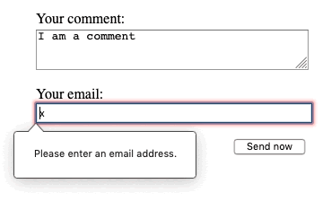 Un champ email avec une valeur invalide qui affiche le message "Please enter an email address." (veuillez saisir une adresse électronique valide)