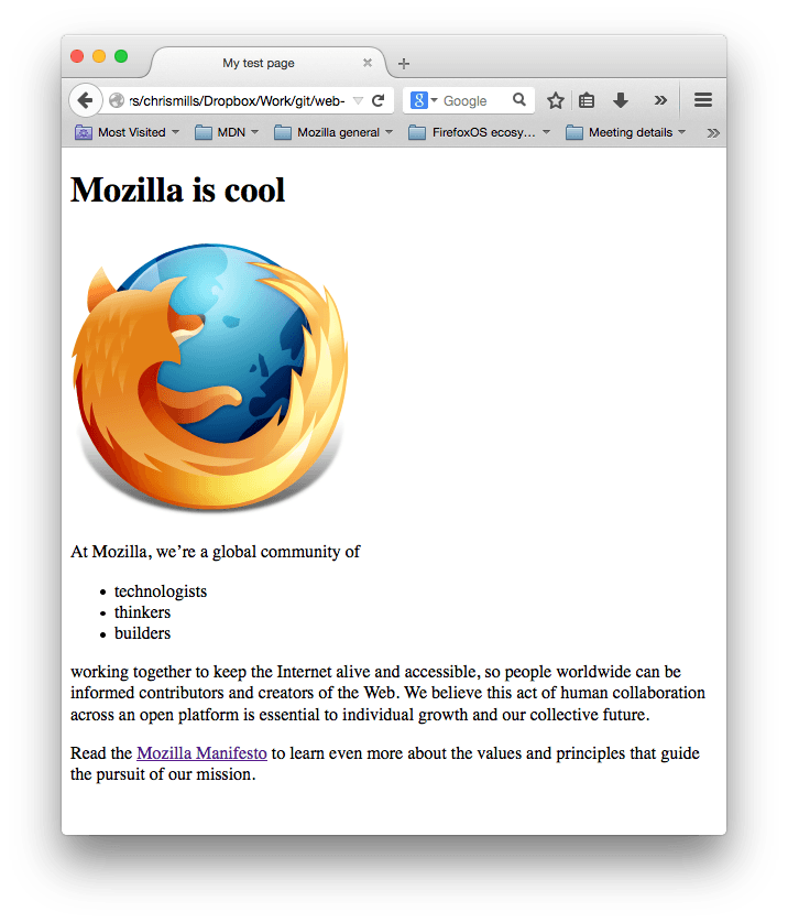 Une capture d'écran d'une page web avec le logo de Firefox, un titre qui dit "Mozilla est cool" en anglais et deux paragraphes de texte de remplissage.