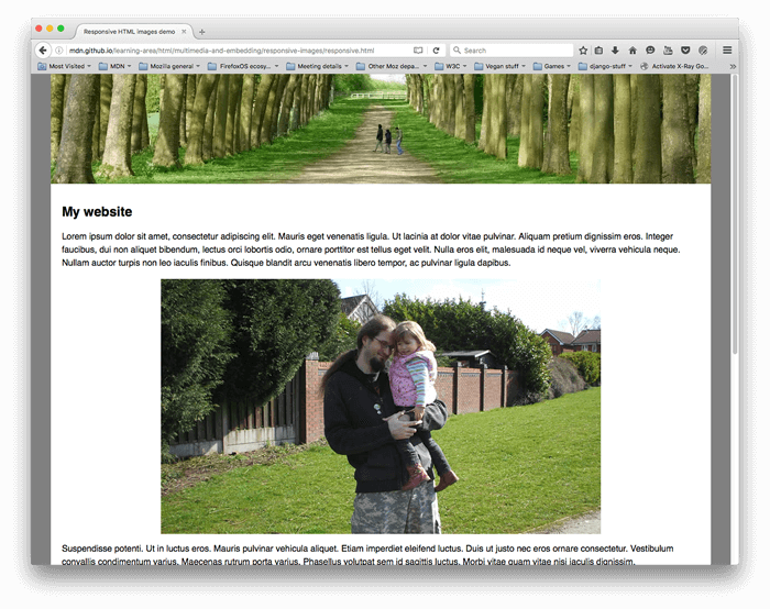 Cet exemple de site est montré tel qu'il s'affiche sur un écran large - ici la première image s'affiche bien, et comme elle est suffisamment grande on voit le détail de l'image (promeneurs) en son centre