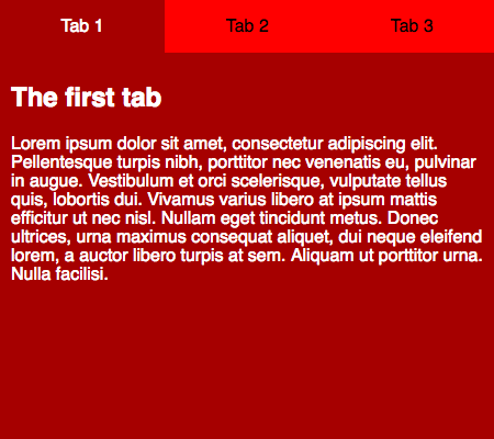 Tab 1 が選択されています。 'Tab 2' と 'Tab 3' は他の 2 種類のタブです。選択されたタブのコンテンツだけが表示されます。タブが選択されると、タブの文字色が黒から白に、背景色がオレンジレッドからサドルブラウンに変わります。