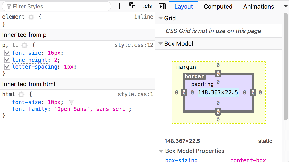 ブラウザー開発者ツールで HTML エディターに隣接して表示される CSS パネルとレイアウトパネルのスニペット。既定では、 CSS エディターには、 HTML エディターで現在選択されている要素に適用されている CSS ルールが表示されます。レイアウトパネルは、選択された要素のボックスモデルプロパティを表示します。