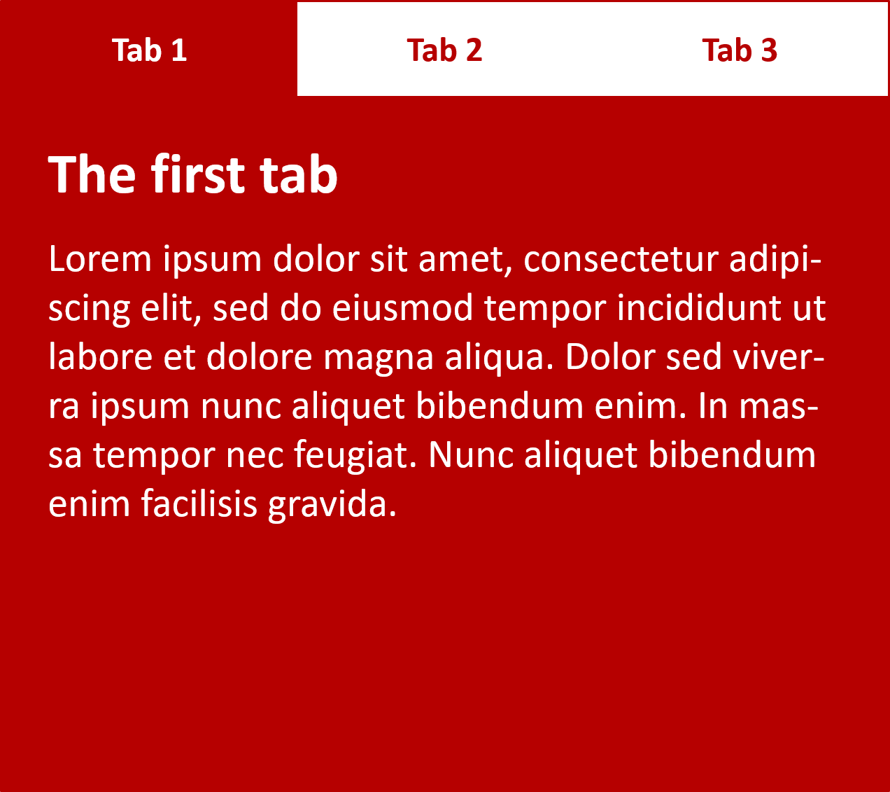 タブのコンテンツをアクセシビリティで非表示・表示させる例を示すスクリーンショット。例えば、タブ 1、タブ 2、タブ 3の 3 つのタブがあります。タブ 1 は現在フォーカスされており、コンテンツを表示するためにアクティブになっています。