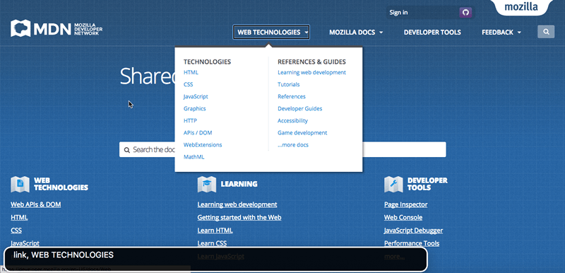 MDN ホームページで VoiceOver を使用したアクセシビリティテストのサンプルスクリーンショット。画像の左下は、ウェブページ上で選択されている情報のハイライトです。
